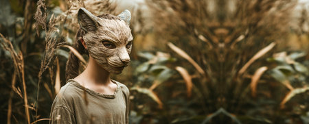 A young boy wearing a mystical wolf mask stands within a dense forest. fantasy forest boy wolf mask banner copy space fairytale.の素材