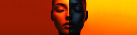 Woman face split in half. left side warm orange light, right side deep black shadow. Minimalist duality portrait. Narrow banner.の素材