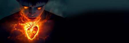 Mystical man holding a burning fiery heart in his hands, glowing eyes, dark dramatic fantasy atmosphere. Banner with copy space.の素材