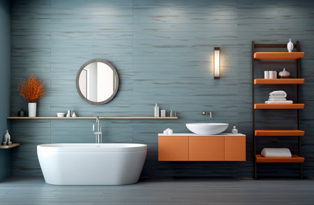 Contemporary home spa design with a bathtub, orange vanity, and blue textured walls. modern luxury bathroom interior design blue orange spa.の素材