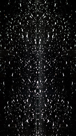 Abstract symmetrical water droplets on a black background, creating a dark, textured, and atmospheric pattern. Symmetrical Water Drops on Black. Abstract vertical background.の写真素材