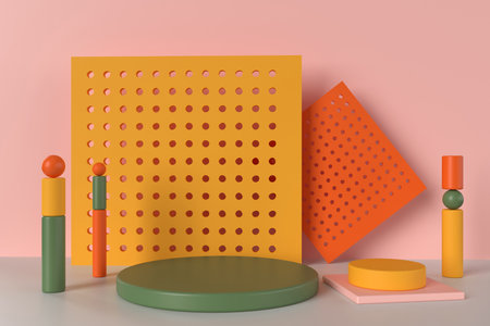 Colorful podium of 3d rendering with assorted geometric shapesの写真素材