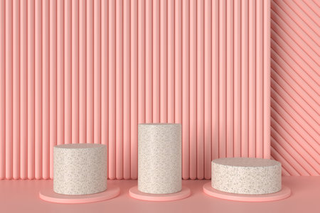 Three cylinder stands with pink tube background, 3d illustrationの写真素材