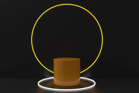 Yellow podium surrounding by circular light with black background. 3d renderingの写真素材