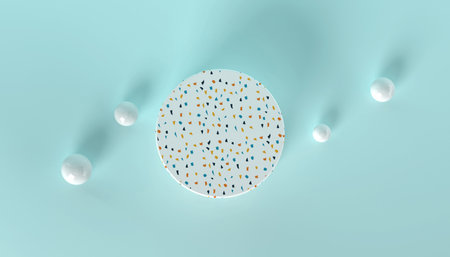 3d top view of a terrazzo stand on pastel color and white ballsの写真素材