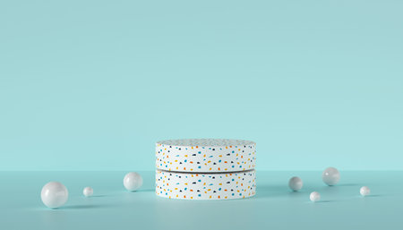 Cylinder podium surrounding by white shiny balls with pastel backgroundの写真素材