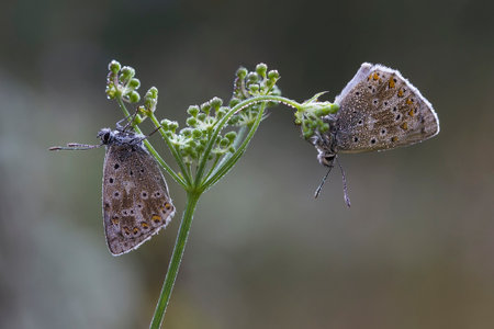 Pair of tiny butterflies on a Flower of Grassの写真素材