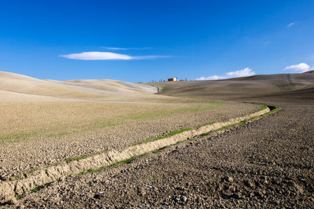 Tuscany field with Earth Furrow in curved lines and Farmhouseの写真素材