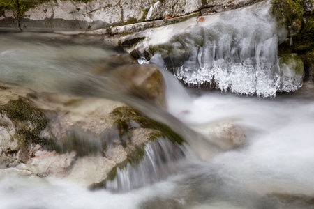 Frozen Waterfall and Icicle in Winterの写真素材