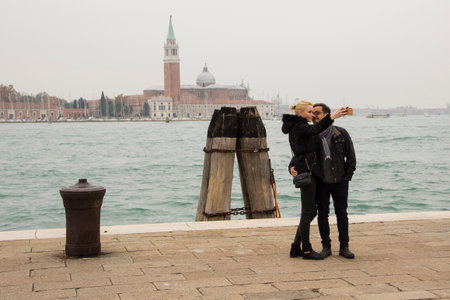 Young couple taking Selfie in Veniceのeditorial素材