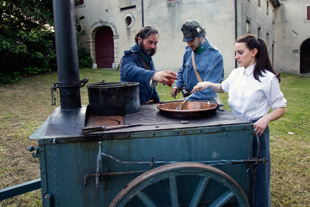 Cooking in military mobile kitchen, Cappella Maggiore, Italyのeditorial素材