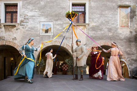 dieval Dancers dancing on Gorizia castle Yard, Gorizia, Italyのeditorial素材