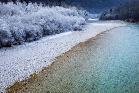 Water landscape - River Soca with frozen trees in winter