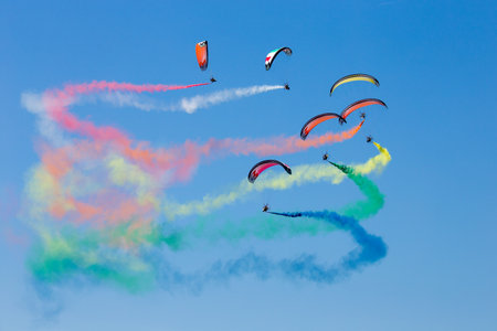 Airshow exibition of powered parachutes - paratroopers, Grado, Italyのeditorial素材