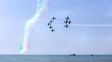 Airshow performance of Frecce Tricolori (Tricolour Arrows),Grado, Italyのeditorial素材