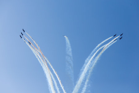 Airshow exibition of Frecce Tricolori (Tricolour Arrows), Grado, Italyのeditorial素材