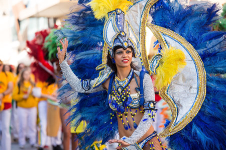 Beautiful Brazil Lady dancing Samba on the streets of city carnival, Monfalcone, Italyのeditorial素材