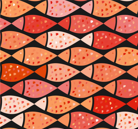Orange vector seamless pattern with fishes, fully editable eps 8 file with clipping masks and pattern in swatch menuのイラスト素材