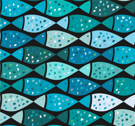 Blue vector seamless pattern with fishes, fully editable eps 8 file with clipping masks and pattern in swatch menuのイラスト素材