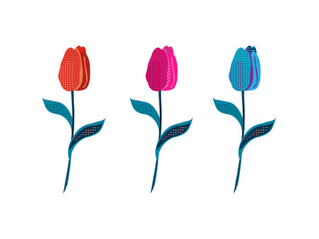 Three bright cartoon vector tulips, tulip flowers isolated on white background, tulips vector set, tulips color teaser, tulips for decoration of greeting cards, pink tulips cartoonのイラスト素材