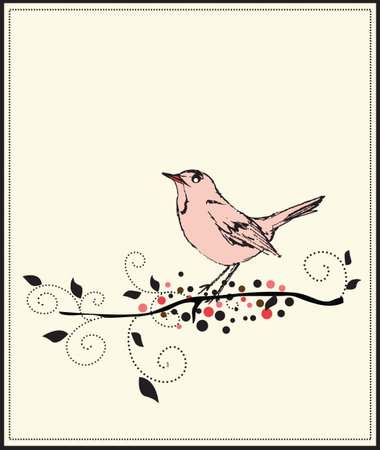 card with hand drawn bird on a branchのイラスト素材