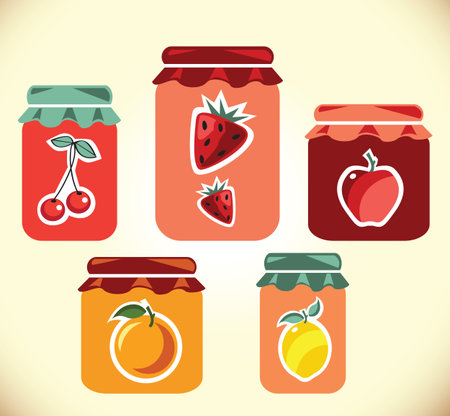 Jams collection  Strawberry jam  Cherry jam  Set of different confitures  Isolated pots of jam  Jam jarの写真素材