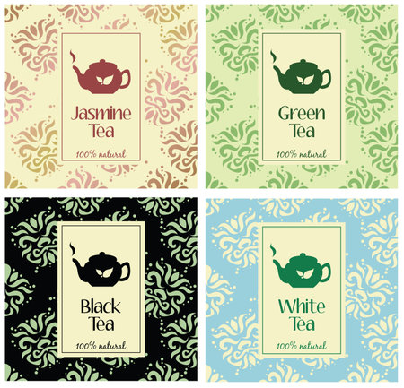 set of design elements and icons in trendy linear style for tea package - white,black and green teaのイラスト素材
