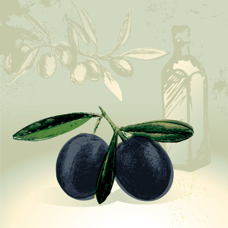 Olives with olive oil bottles graphics in the backgroundのイラスト素材