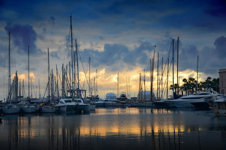 The sun set over the marina in Cannesの写真素材