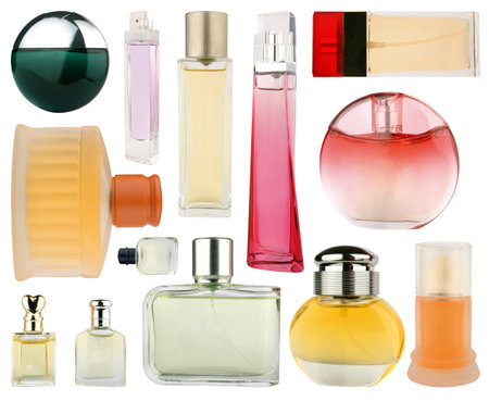 Set of perfume bottles isolated on whiteの写真素材