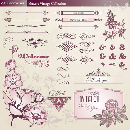 Flowers and vintage elements collection のイラスト素材