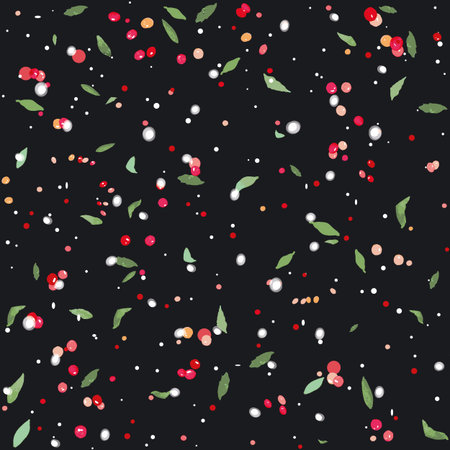 Black floral vector repeat pattern with berry, dot & snow flakes. Chrismas. Surface pattern design.の写真素材
