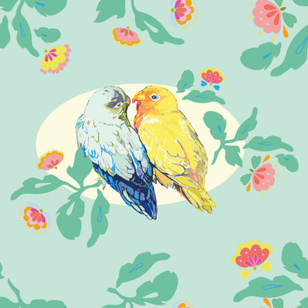 Aqua blue pattern with yellow parrot and love bird. Folk art florals. Surface pattern design. Elegant invitation.の写真素材