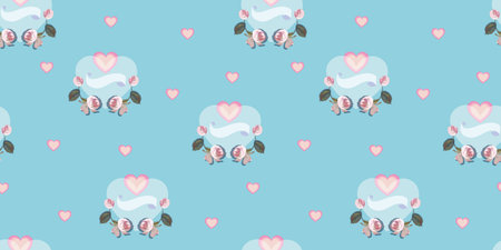 Blue vector repeat pattern with white dove, heart, typeface and vintage rose. Retro look. Mothers day.の写真素材