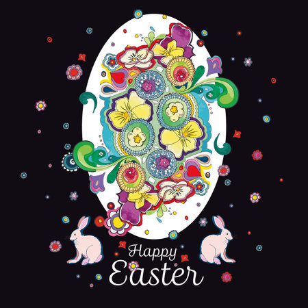 Black easter greeting card with floral decorated white easter egg and pink rabbit. Repeat included. Holidays. Greeting card. Easter.のイラスト素材
