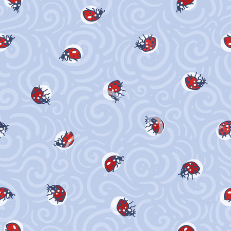 Blue vector repeat pattern with light blue swirl and red ladybug. Kids. Surface pattern.の写真素材