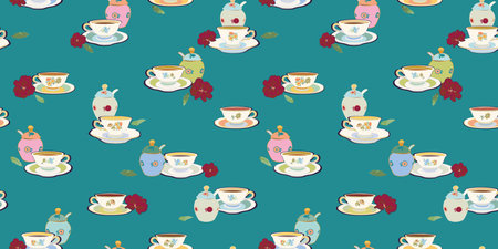 Green vector repeat pattern with historic tea cup, sugar bowl and flower. Pastel colors. Romatic high tea.の写真素材