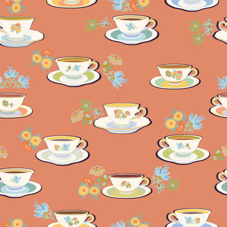 Pink vector repeat pattern with historic tea cup, sugar bowl and flower. Pastel colors. Romatic high tea.の写真素材