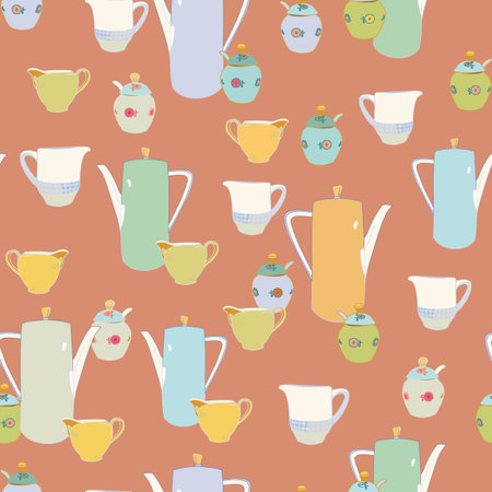 Elegant beige breakfast pattern with porcelain and coffee pot. Breakfast, bar, hotel. Surface pattern design.の写真素材