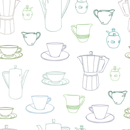White vector repeat pattern with cup, coffee pot and shugar bowl. Restaurant, coffee house. Surface pattern.のイラスト素材