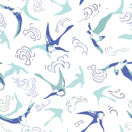 White vector repeat pattern with graphic blue and white swift and clouds. Bird pattern. surface pattern design. Perfect for textile, gift wrapping and print projects.のイラスト素材