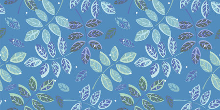 Blue seamless vector repeat pattern with plant leaf and texture. Perfect for textile and paper projects. Surface pattern design.のイラスト素材