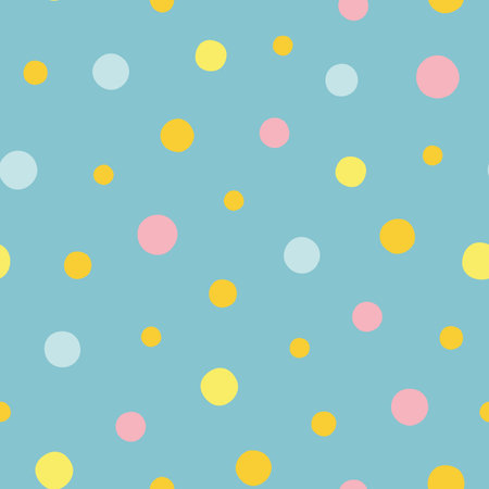 Blue vector repeat pattern with yellow and pink polka dots. Pastel colors. Perfect for paper and textile projects. Surface pattern design.の写真素材