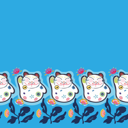 Blue vector repeat border with happy maneki neko cat and pink folk art florals. Japan inspired pattern. Comic style. Perfect for paper and textile projects or events. Surface pattern design.のイラスト素材