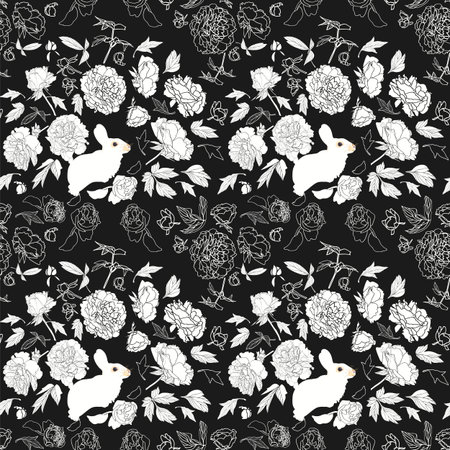 festive lineart peony blossom botanical pattern with bunny, black and white contrast, modern design. All over print. Perfect for wallpaper, stationary, event, wedding, fashion. Elegant florals.のイラスト素材