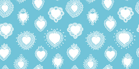 Delicate seamless vector folk art burning heart pattern with lace style burning heart in white line art. Elegant and festive design for valentine, wedding, mothers day and your personal sweetheart.のイラスト素材