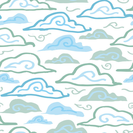 Grunge winter cloud pattern with hand drawn line doodle cloud in blue and icy tones on white background. Happy design for your perfect winter day and home decor.のイラスト素材