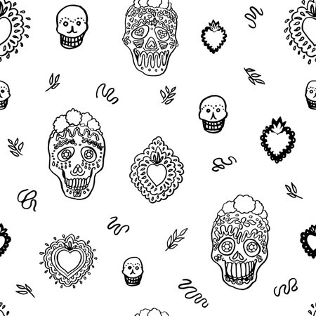 Seamless vector day of the dead line art doodle pattern with burning heart, shugar scull and florals. Funny and happy design for your perfect party.のイラスト素材