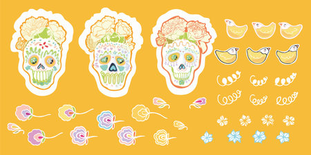 Seamless vector day of the dead floral sugar skull bird set with cute bird in pastel tones. Funny and happy design for day of the dead, halloween and your perefect party.のイラスト素材