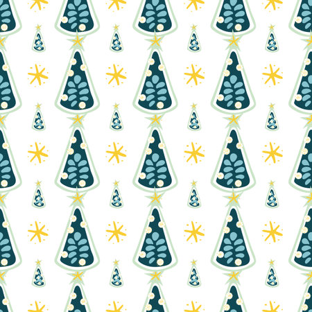 Geometric festive folk art christmas tree hand drawn seamless background. White repeat pattern with...